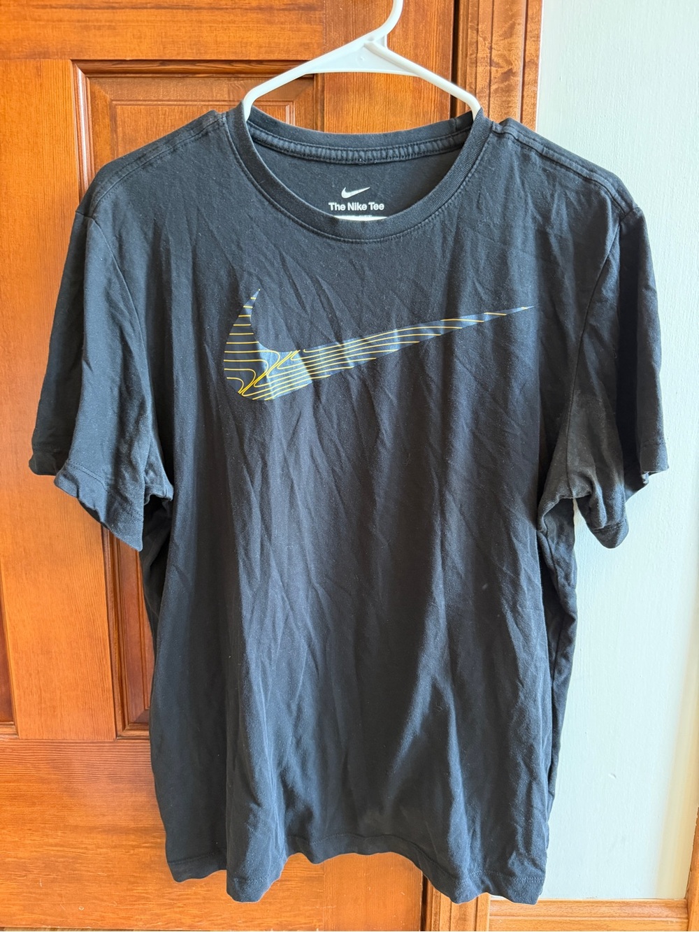 Nike Black Short-Sleeve Tee with Striated Yellow Swoosh